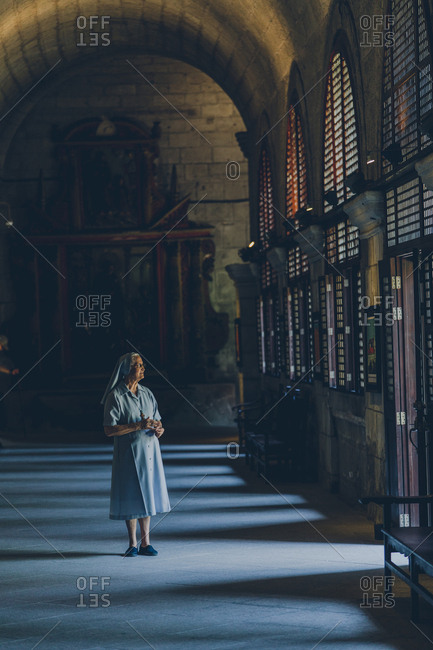 PHILIPPINES, APRIL 16, 2018: cheerful nun in blue gowns