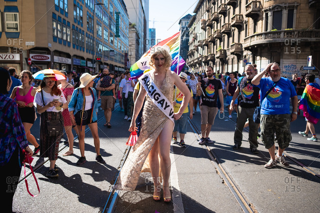 Milan, Italy - June 30, 2018: People at gay pride marching claiming for equality and legal rights for homosexual.