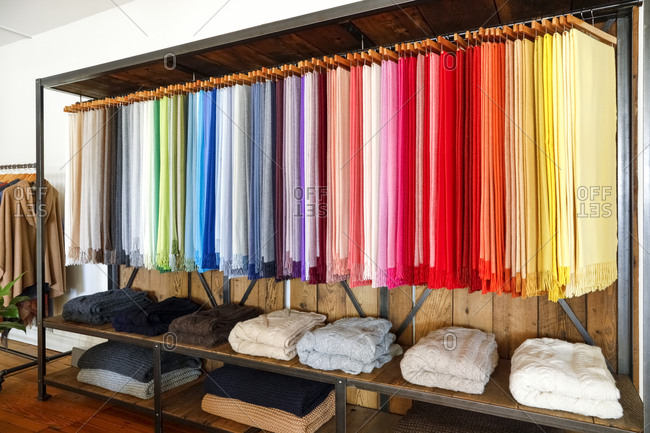 Scarves and other textiles for sale in a store at an alpaca farm