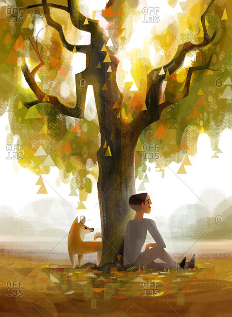 Man sitting under a tree with his dog