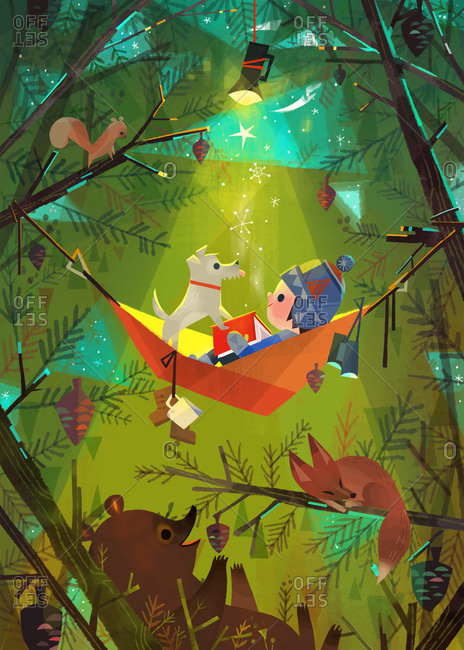 Child with pet dog and book relaxing in a hammock while camping in the forest in winter