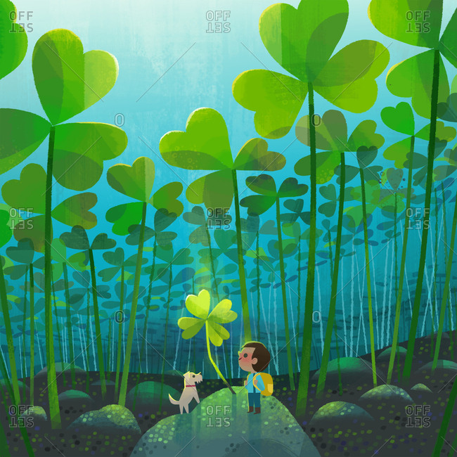 Child and dog standing under a four-leaf clover