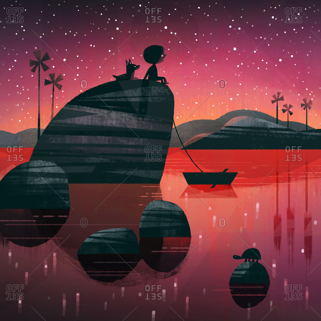 Child and pet dog sitting on a rock in a lake at dusk looking at the stars