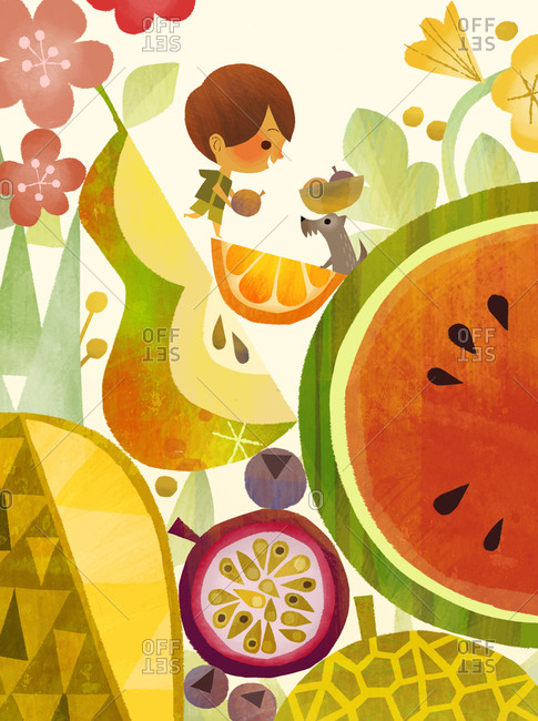 Child and pet dog surrounded by summer fruits