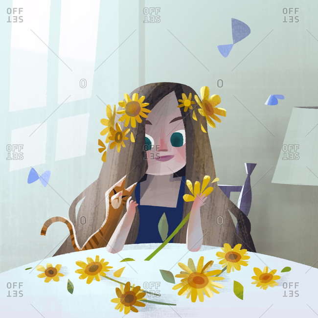 Girl with sunflowers in her hair sitting with her pet cat