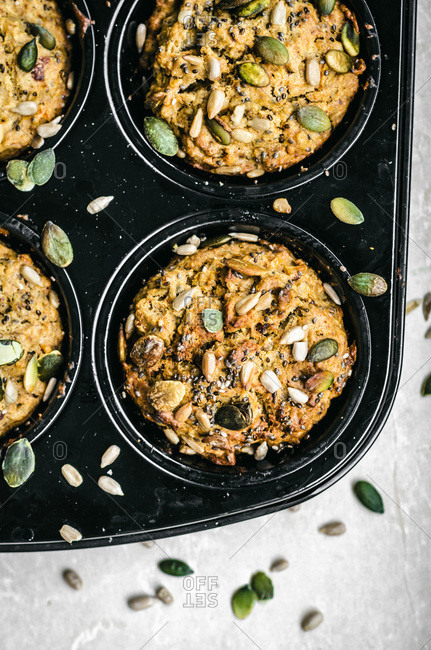 Carrot and seed muffins with chia, sunflower seeds, and pepitas.