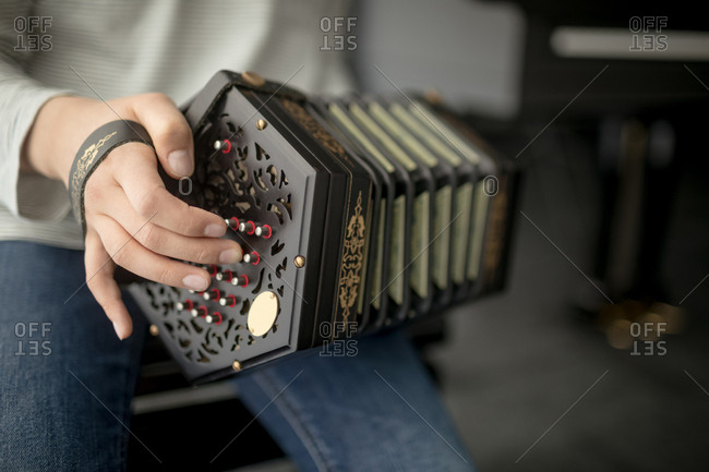 Mid section of schoolgirl playing accordion in music school