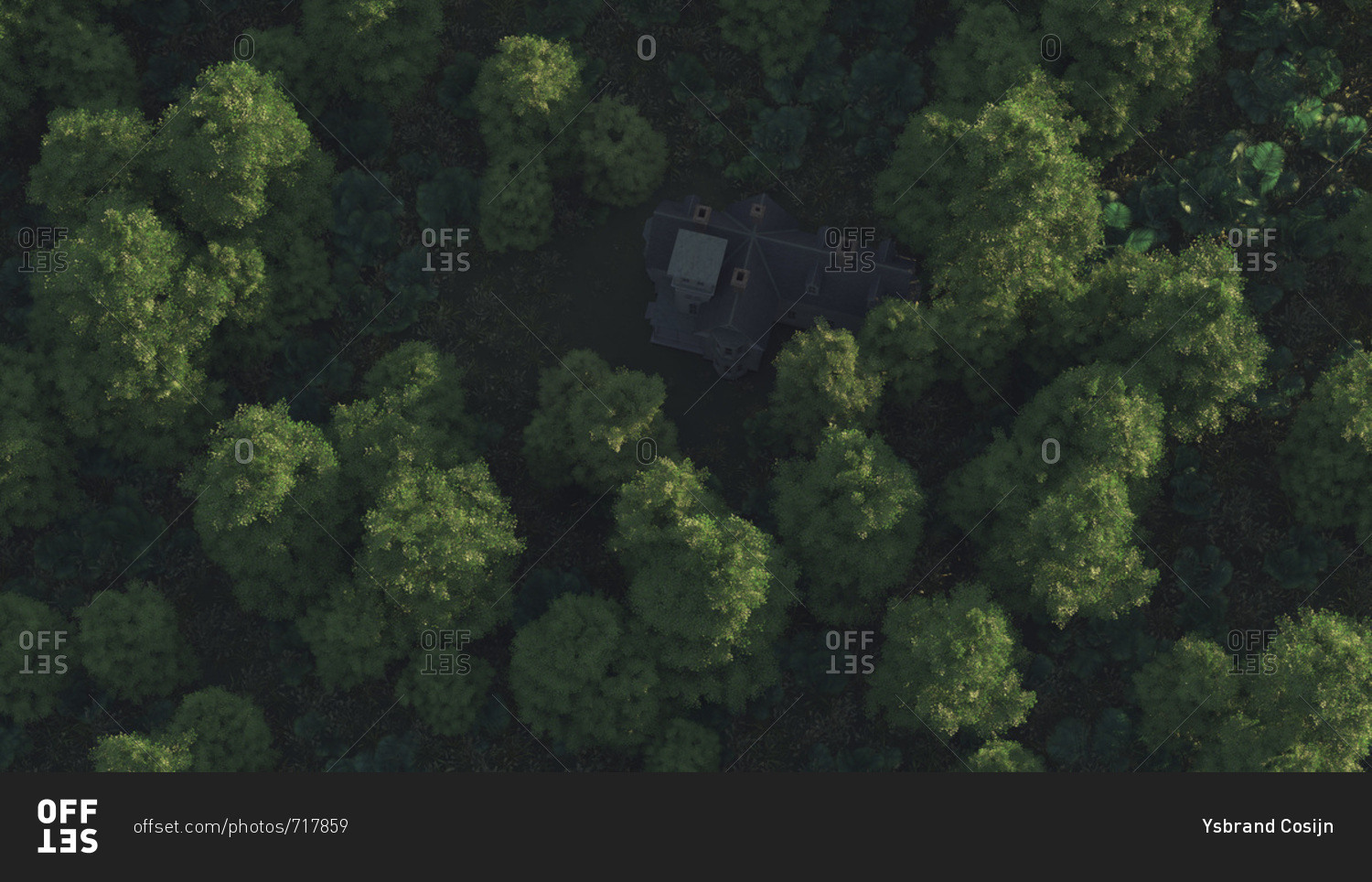 Overhead view of shady residential estate in mountain forest stock