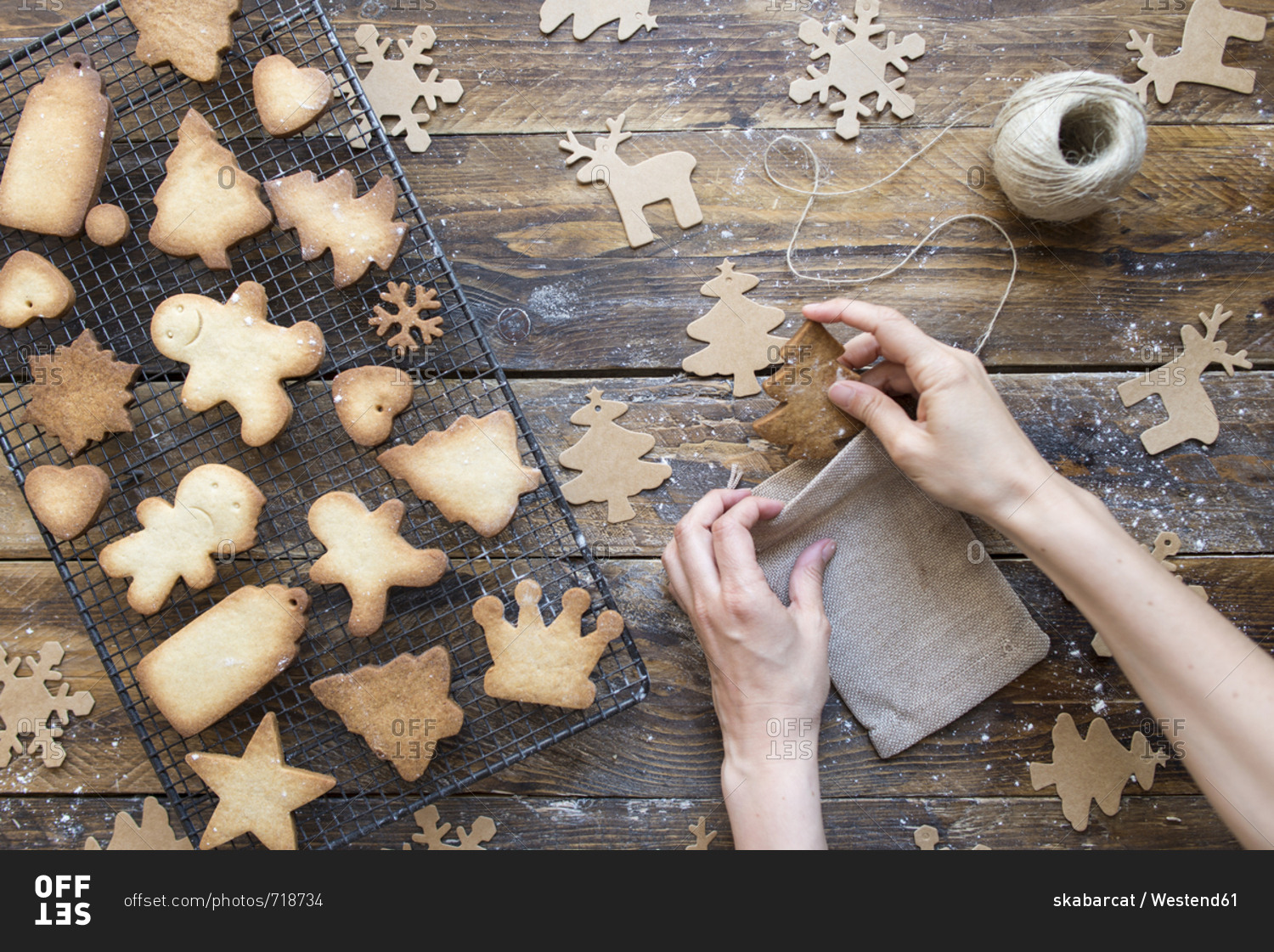 Woman\'s hands packing homemade Christmas cookies into sachet