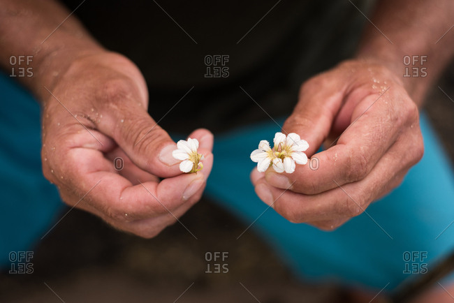 Mid section of fisherman holding flowers