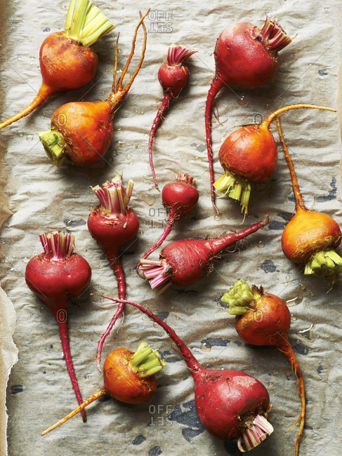 Colorful  beetroot on baking sheet prepped for roasting