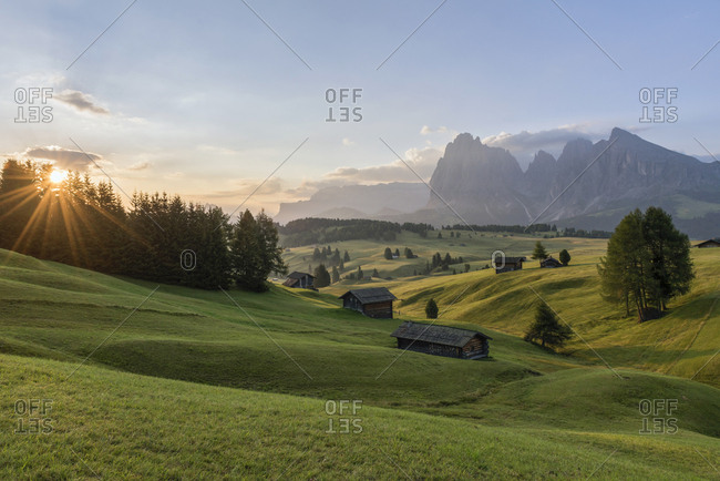 Italy- South Tyrol- Seiser Alm- barns in the morning