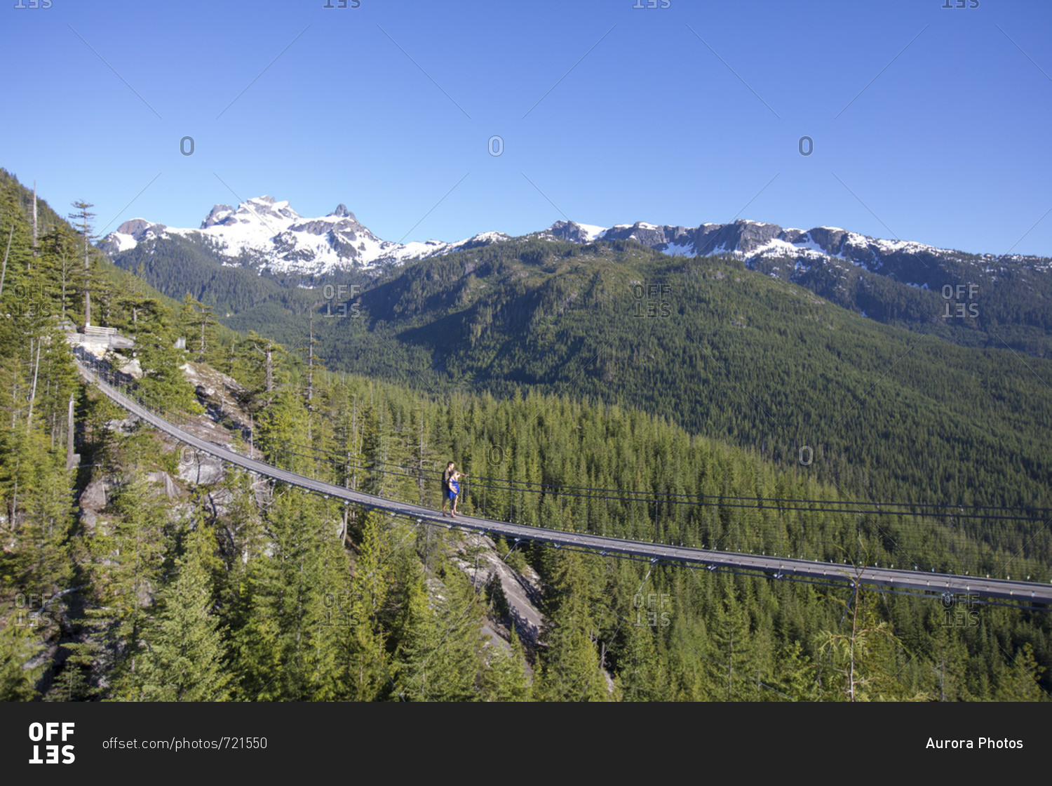Distant view shot of couple on rope bridge at top of Sea to Sky Gondola, Vancouver, British Columbia, Canada