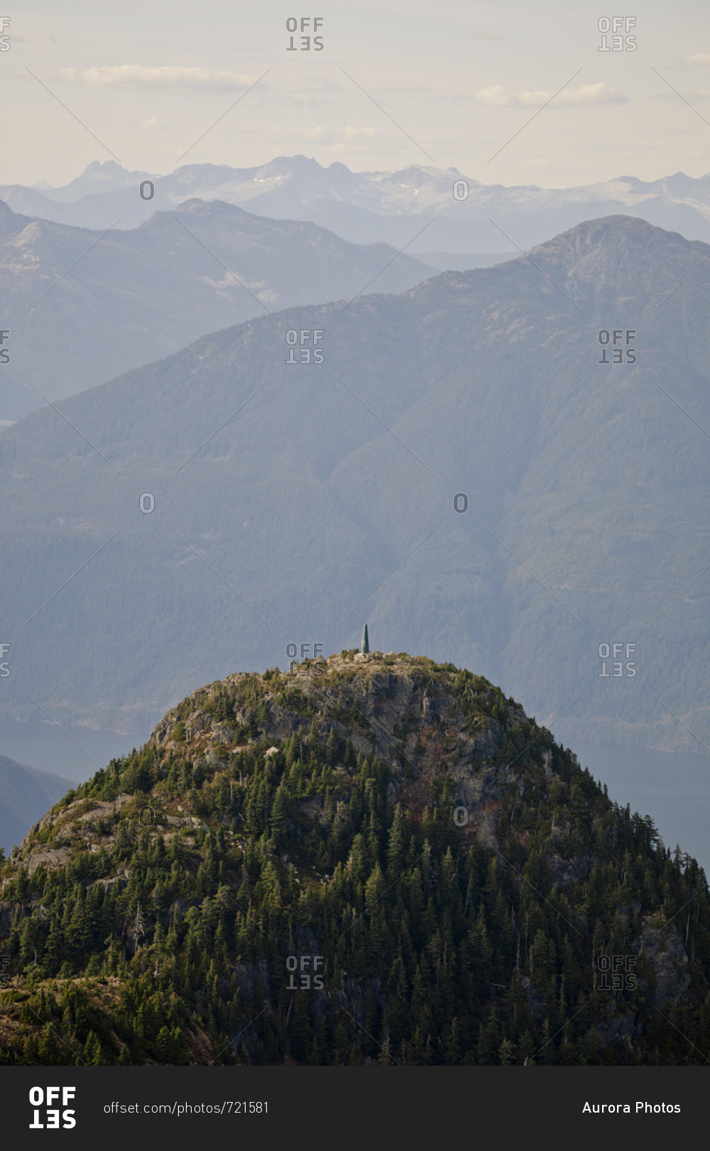 Distant view of radio tower on top of mountain, Coast Mountains, Vancouver, British Columbia, Canada