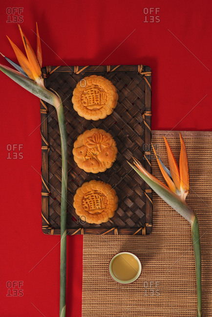 Vietnamese traditional Moon cake for Mid autumn festival, retro vintage style of food and dessert