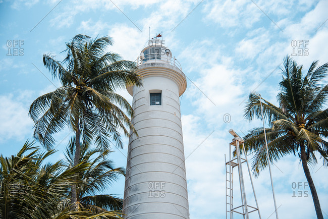 Lighthouse and palm trees on tropical beach in Sri Lanka