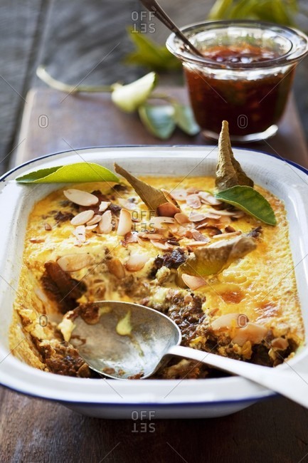 Bobotie (mince dish with custard topping, South Africa) with chutney