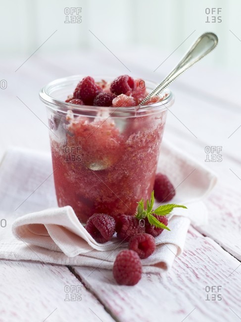 Raspberry granita and fresh raspberries