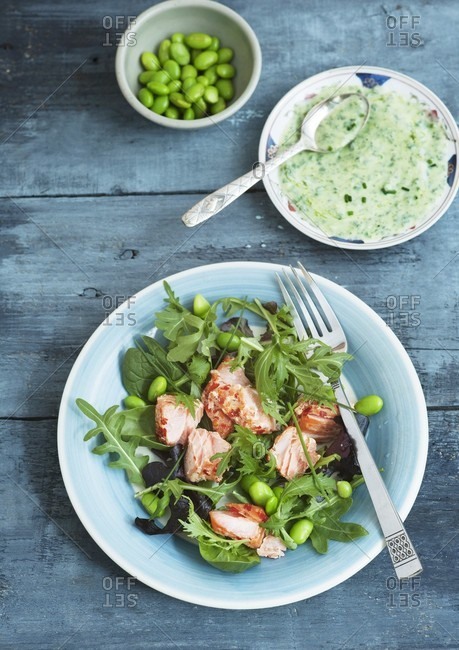Mixed leaf salad with hot smoked salmon, broad beans, soya beans, chives and a herb dressing