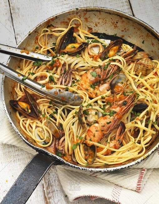 Pasta with seafood in a pan