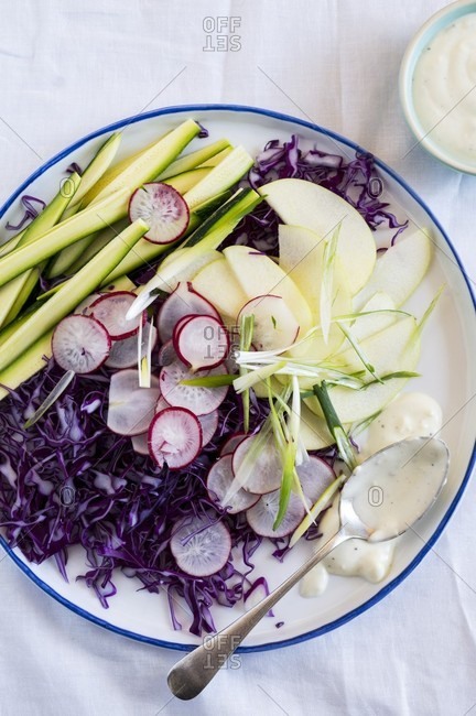 Raw vegetable salad with red cabbage, radishes and a yoghurt dressing