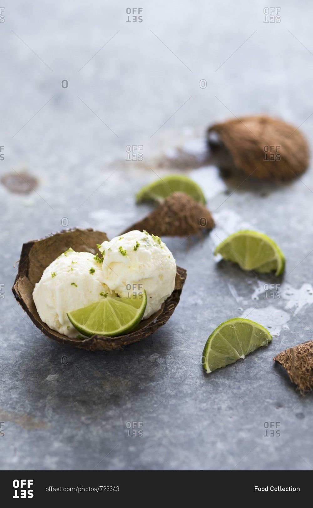 Scoops of coconut and lime ice cream in a coconut shell