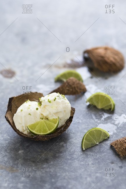 Scoops of coconut and lime ice cream in a coconut shell