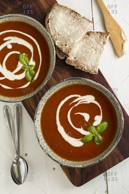 Tomato soup with cherry, cr�me fraiche and basil