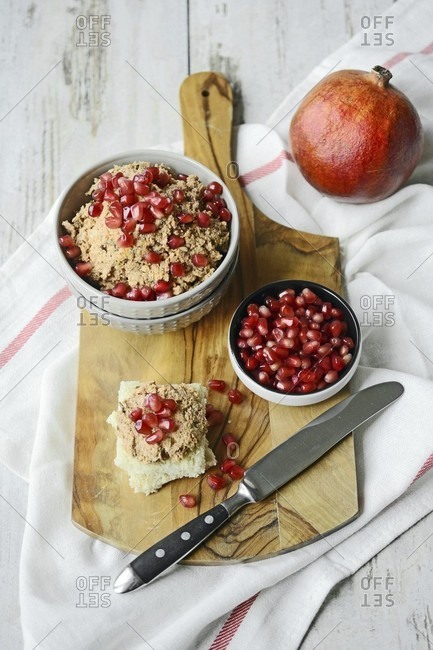 Aubergine and walnut paste with pomegranate seeds