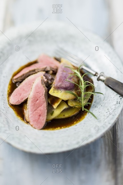 Duck breast with red cabbage ravioli