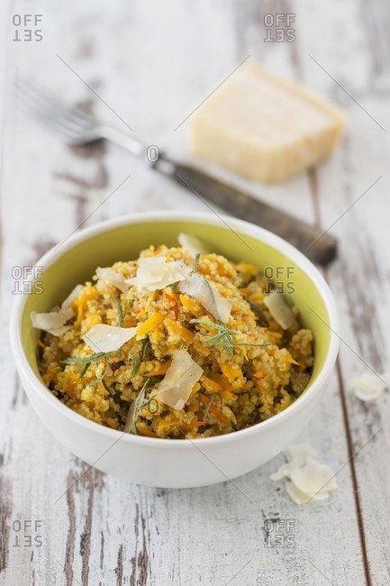 Quinoa risotto with pumpkin, orange and Parmesan cheese