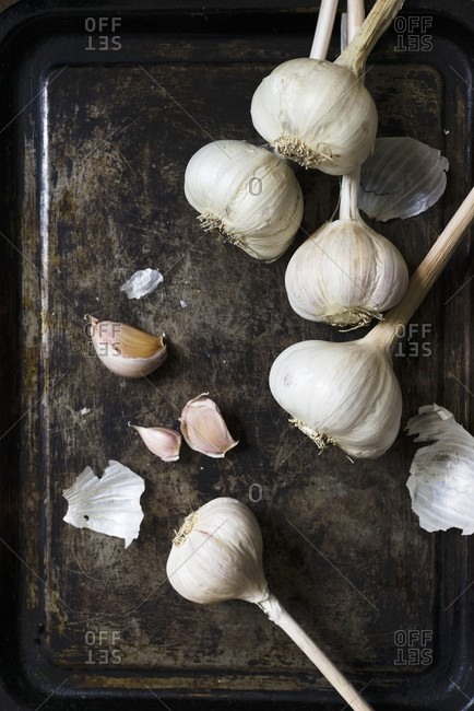 Garlic on a baking tray