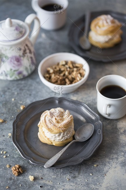 Profiteroles with walnut cream