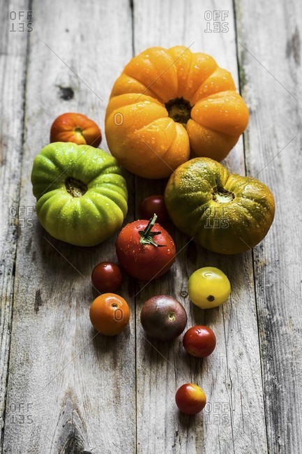 Colourful heirloom tomatoes on rustic wooden surface