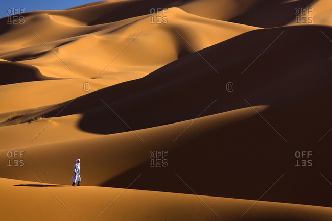 November 18, 2013: Berber man walking among the orange sand dunes of the Erg Chebbi sand sea, Sahara Desert near Merzouga, Morocco, North Africa, Africa