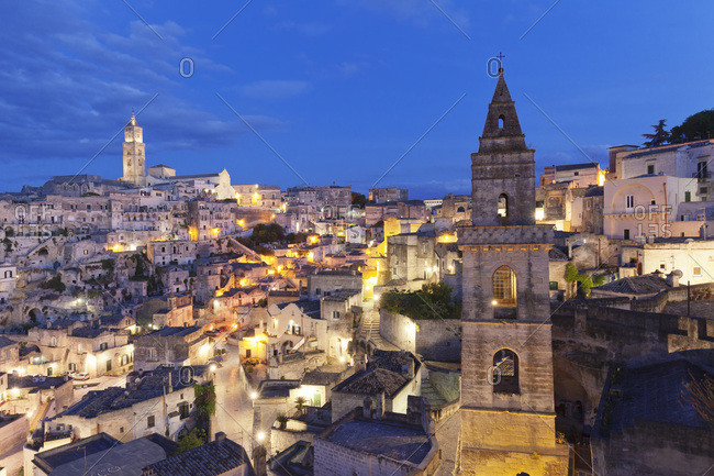 View from bell tower of Chiesa di San Pietro Barisano to Sasso Barisano and cathedral, UNESCO World Heritage Site, Matera, Basilicata, Puglia, Italy, Europe