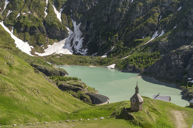 Austria, Carinthia, High Tauern National Park, Sacred Heart Chapel at Margaritze reservoir