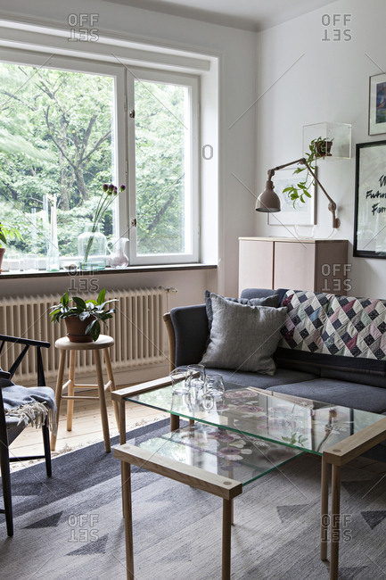Malmo, Sweden - July 9, 2018: Beautiful sun lit sitting room of designer's home