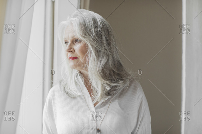 Portrait Of Grey Haired Beautiful Senior Caucasian Woman Stock