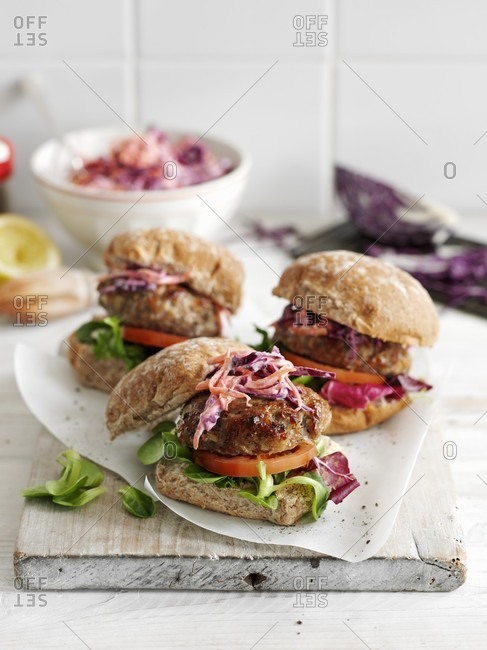 Pork burgers with sage and a red cabbage salad