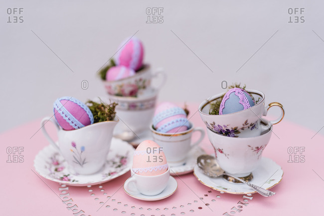 Easter decoration, coffee service, Easter eggs, lace,