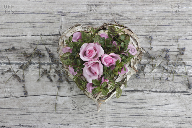 Decoration, heart with roses and lavender blossoms, vintage,