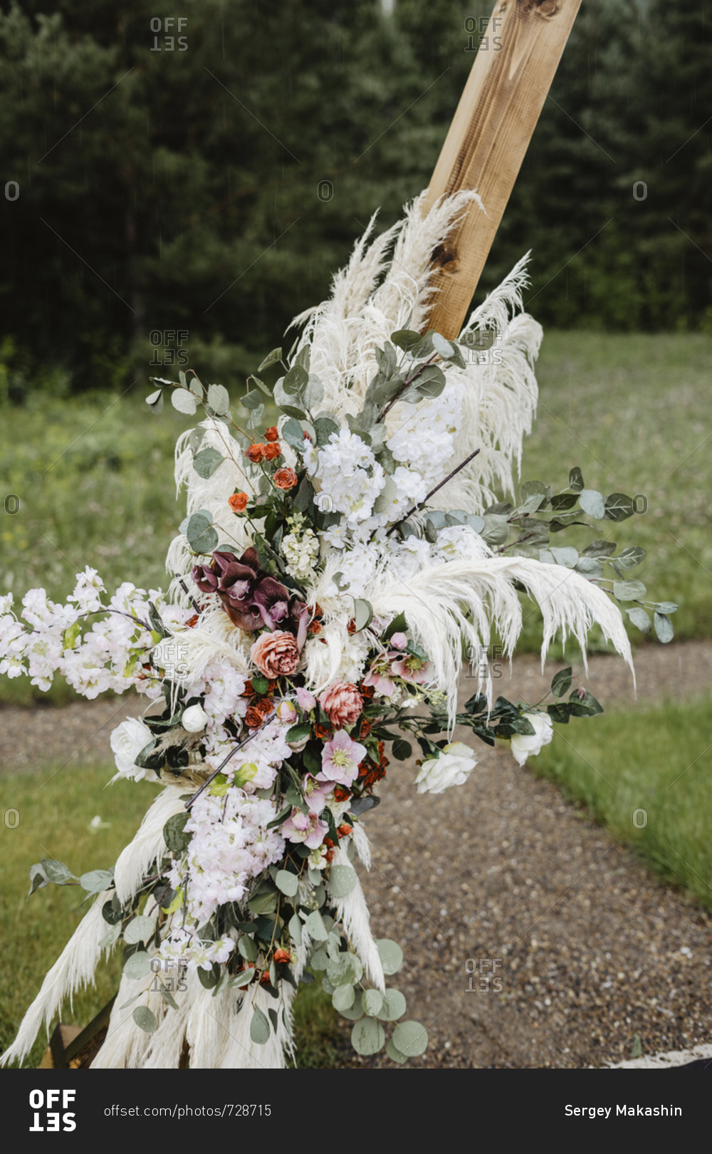 Floral arrangement at a country wedding ceremony