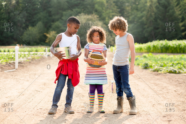 Three siblings holding containers of fresh picked vegetables on a U-pick farm