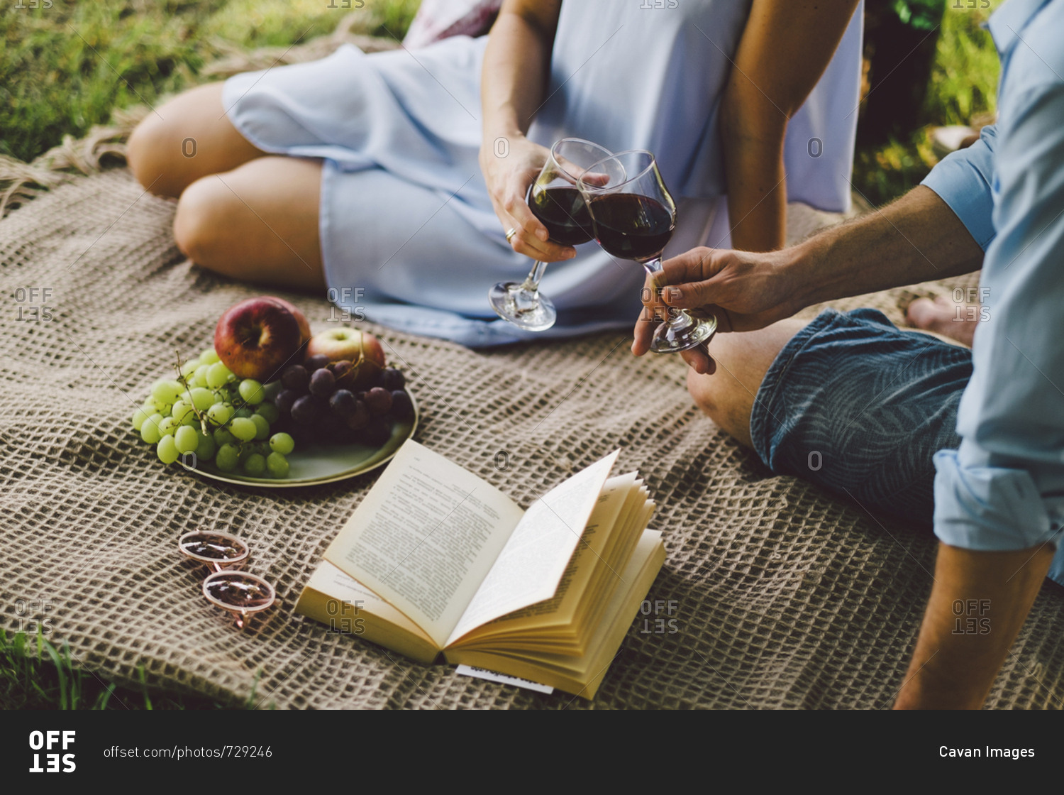 Midsection of couple toasting wineglasses while sitting on picnic blanket at park