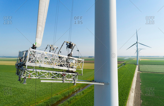 Maintenance work on blades of wind turbine, Biddinghuizen, Flevoland, Netherlands