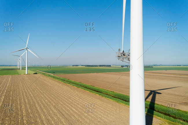 Maintenance work on blades of wind turbine, Biddinghuizen, Flevoland, Netherlands