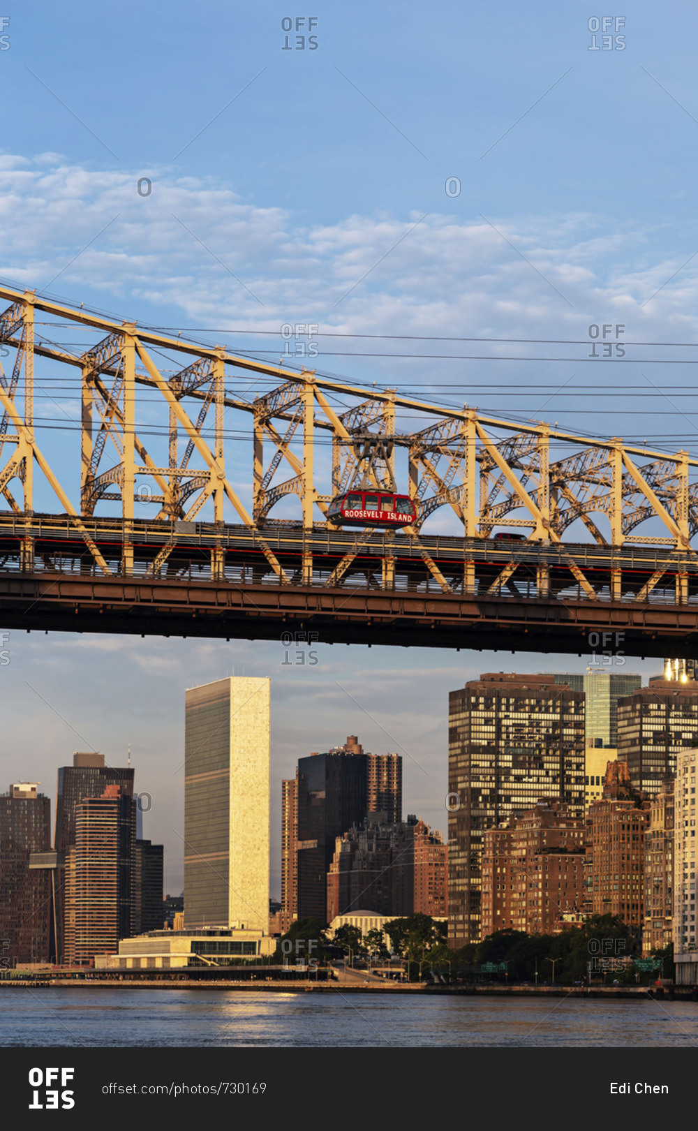 View of the Queensboro Bridge and Roosevelt Island Tramway at sunrise