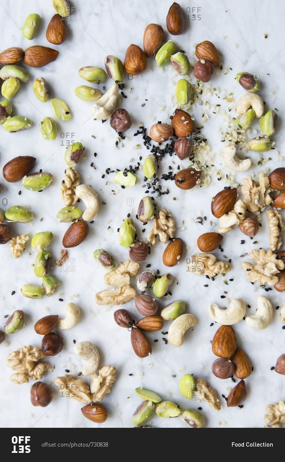 Sprouts, almonds, walnuts, cashews, pistachios, sesame and hemp seeds