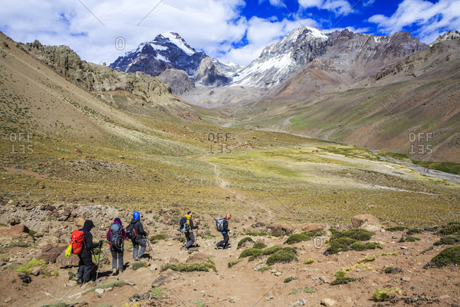December 31, 2017: Mountaineers approaching Aconcagua Base Camp, Plaza de Argentina, Mendoza, Argentina